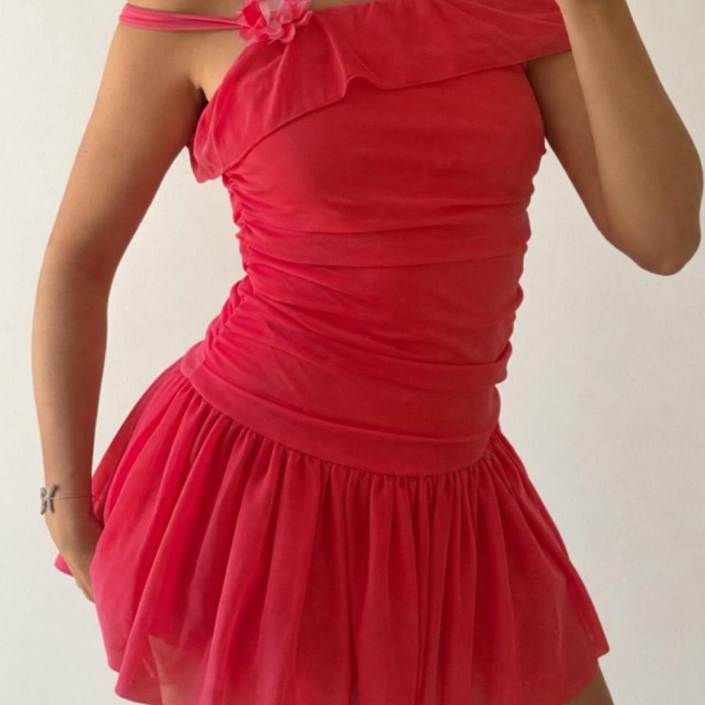 Vintage Y2K Hot Pink Off Shoulder Floral Ruched Mini Dress Coral Ruffle